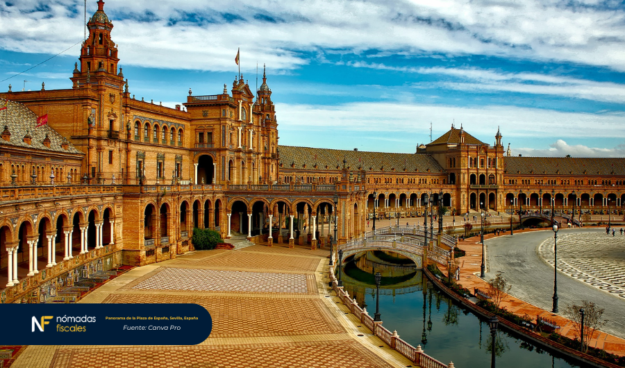 Panorámica de la Plaza de España en Sevilla, España – beneficios fiscales con Ley Beckham para nómadas digitales y emprendedores