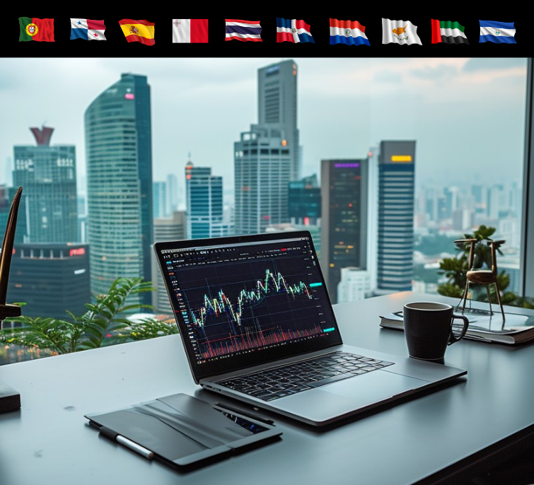 Skyline view with a laptop showing crypto trading charts. Flags of the most crypto-friendly countries with no taxes on crypto gains.
