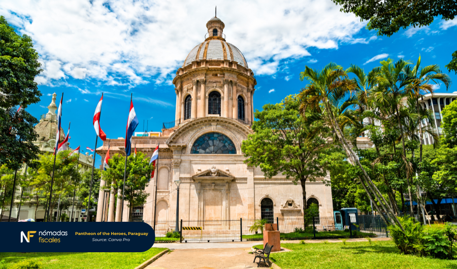 Pantheon of the Heroes in Asunción, Paraguay, surrounded by flags and palm trees on a sunny day – representative image of a crypto-friendly country