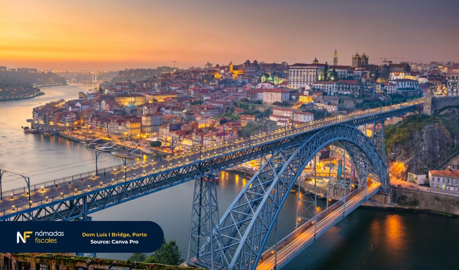 Dom Luís I Bridge in Porto, Portugal at sunset — symbol of the new NHR 2.0 (IFICI) tax regime and Portugal’s appeal for expats and entrepreneurs.